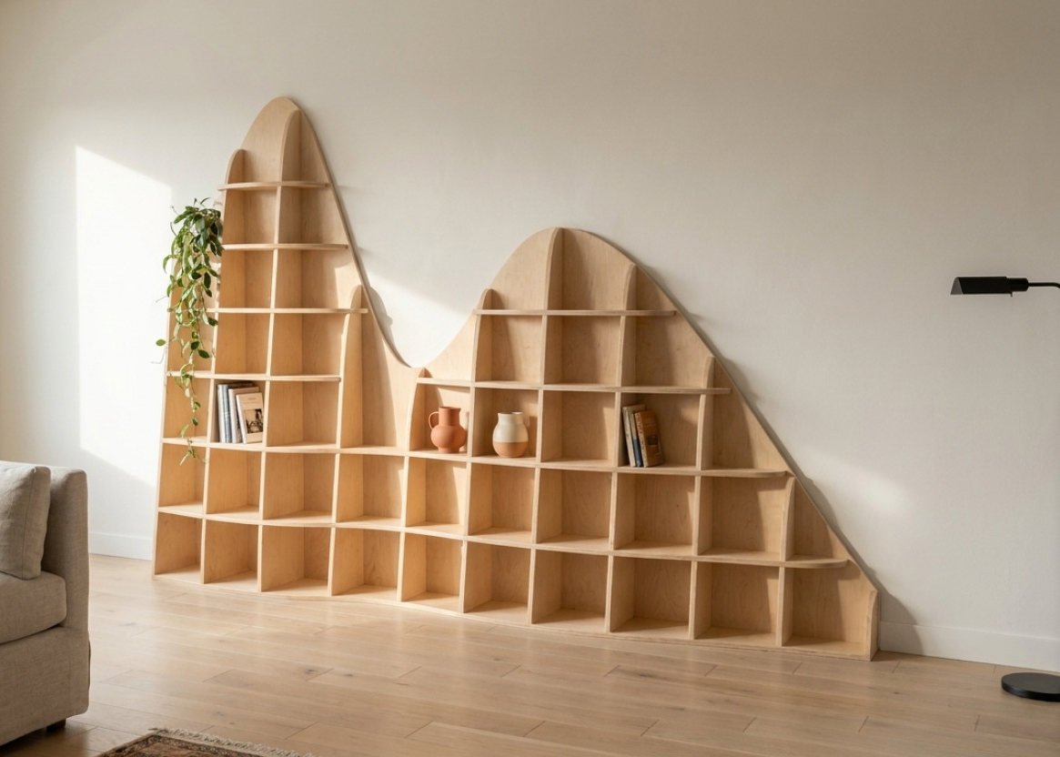 A sculptural plywood wall shelf, ten and a half feet wide, rising and falling like two hills across a living room wall